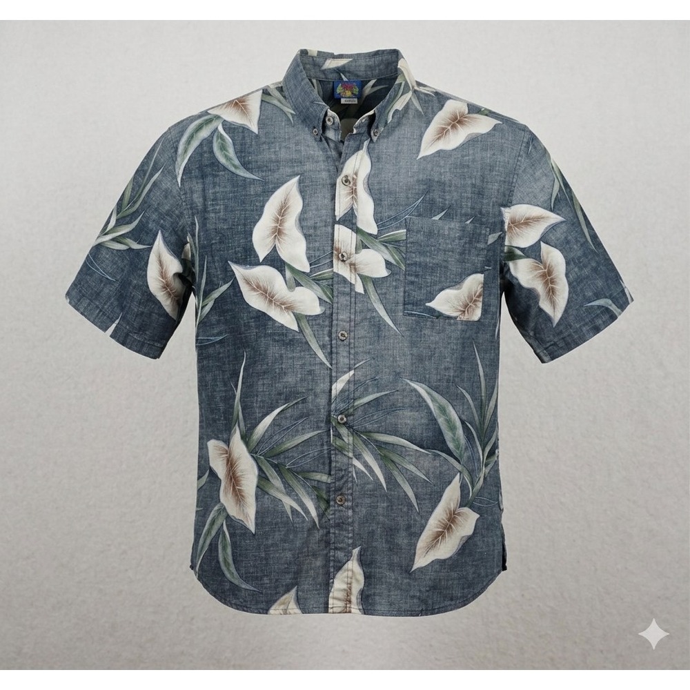Hawaii Blues Vintage Men's Reverse Print Gray Floral Hawaiian Shirt. Size XL